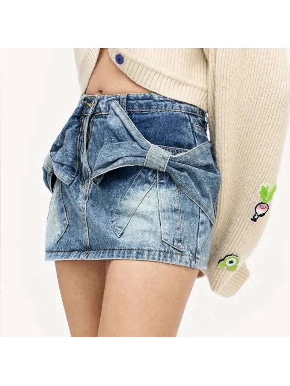 AELFRIC EDEN Bow Denim Micro Mini Skirt Size 28